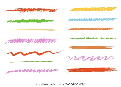 Crayon underline stroke brush mark, grunge textured hand drawn sketch border, divider. Pastel colored scribble highlight charcoal rough. 
