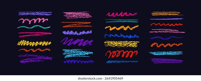 Crayon underlines doodle set. Art chalk scribbles, brush strokes. Vector hand draw sea curly lines, worn texture red dividers, highlight graphic. Pencil grungy strip isolated on black backdrop