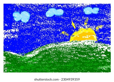 crayon vector hill flower sun, and cloud beyond the sky 

