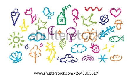 Crayon vector kid drawing. Hand drawn chalk pattern. Doodle cute illustration