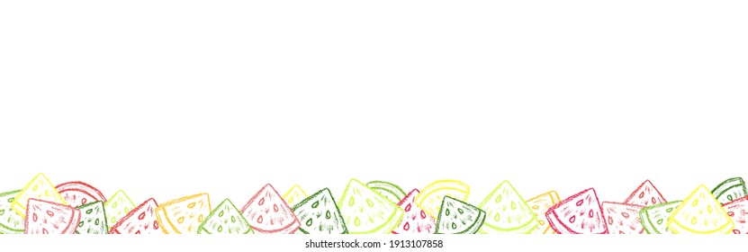 Crayon watermelon border. Children drawing chalk style watermelon frame. Hand drawn wax crayons art on white. Color pastel crayons freehand drawn watermelon slice banner. Color melon texture.