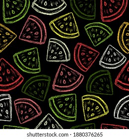 Crayon watermelon pattern. Children drawing chalk style watermelon print. Hand drawn wax crayons art on black. Color pastel crayons freehand drawn watermelon slice background. Color melon texture.
