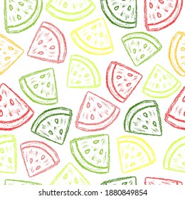 Crayon watermelon pattern. Children drawing chalk style watermelon print. Hand drawn wax crayons art on white. Color pastel crayons freehand drawn watermelon slice background. Color melon texture.