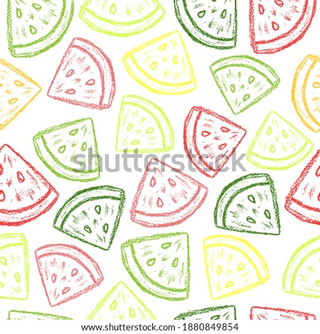 Crayon watermelon pattern. Children drawing chalk style watermelon print. Hand drawn wax crayons art on white. Color pastel crayons freehand drawn watermelon slice background. Color melon texture.
