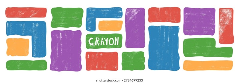 Formas onduladas del rectángulo del crayón para el diseño de los niños. Marcos de textura orgánica con formas cuadradas e irregulares. Cuadro de texto dibujado a mano y garabato conjunto rectangular. Pegatinas de esquina pastel o tiza bg.