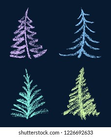 Crayon or white chalk like kids hand drawing funny merry christmas tree shape set on black. Artistic stroke line like child drawing cute doodle vector holiday background.