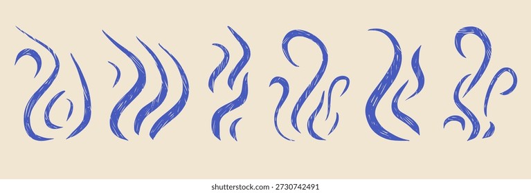 Viento de crayón, conjunto de iconos de humo. Dibujado a mano ondas de vapor y línea de aroma, perfecto para café, cocina, ilustración de comida caliente. Colección de humo, llama o silueta de aire de nube aislada. Ilustración vectorial.