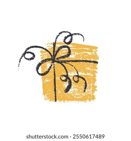 Crayon yellow gift box. Scribble style festive present Chalk drawing holiday decorative packaging. Vector illustration isolated on white background