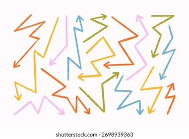 Zeichentrick Zigzag Pfeilsymbole Set in Pastellfarben. Vektor handgezeichnete Bleistift Zig Zag Formen im Kinderstil. Doodle Geometrische Pfeile für Vorlage, Promotion und Webdesign