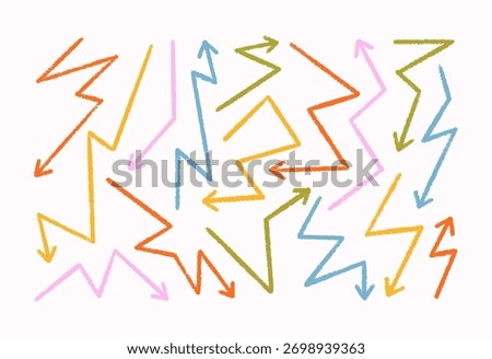 Crayon Zigzag Arrow Icons Set in Pastel Colors. Vector Hand Drawn Pencil Zig Zag Shapes in Kids Style. Doodle Geometric Arrows for Template, Promo and Web Design