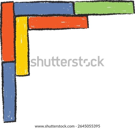 Crayon-drawn geometric blocks form an L shape with rough edges. Hand-drawn rectangles create a corner pattern with textured lines. Cartoon vector illustration.