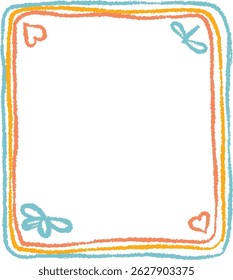 A crayon-drawn rectangle frame with hearts and bows in a playful style. Childlike border with sketchy lines and decorative elements. Cartoon vector illustration.