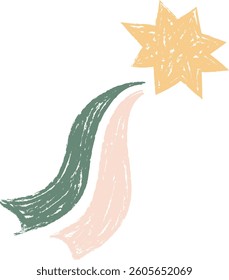 A crayon-drawn shooting star with a textured tail arcs across the image. The illustration depicts a stylized comet with a distinctive hand-drawn style. Cartoon vector illustration.