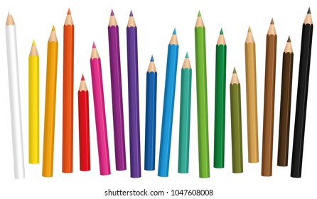 Crayons. Colored pencil set loosely arranged in different lengths - isolated vector illustration on white background.
