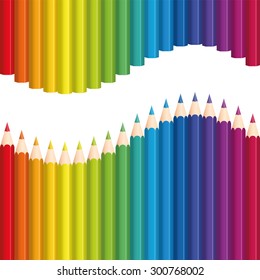 Crayons or colored pencils that form a rainbow colored wave. Seamless background can be created in all directions. Isolated vector illustration on white background.