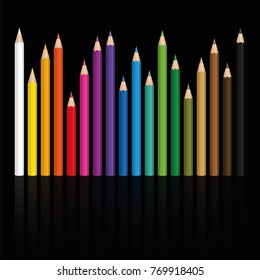 Crayons - colorful set of pencils in different lengths with wood textured tips, upright standing in a row like a city skyline at night - vector illustration on black background.