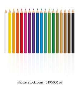 Crayons - colorful set, with wood textured tips, upright standing in a row.