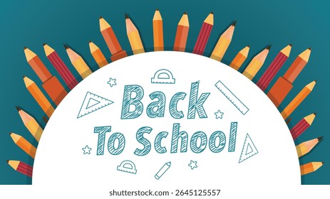 Crayons forming arc with chalk-style school text and white central circle on blue background
