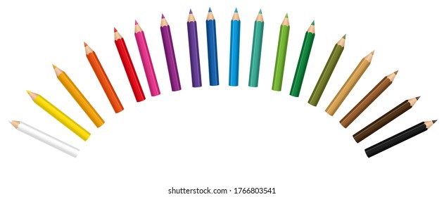 Crayons forming a radial curve. Small colored baby pencil collection. Isolated vector illustration on white background.
