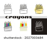 Crayons icons set isolated on white background. Box of colored pencils. Hand-drawn contour icon in doodle style, flat and chalk on a black board. Vector illustration