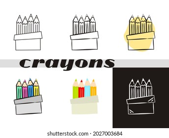 Los iconos de los cirayones se establecen aislados en el fondo blanco. Caja de lápices de colores. Icono de contorno dibujado a mano en estilo doodle, plano y tiza en una pizarra negra. Ilustración del vector