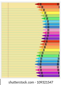 Crayons on Paper-Set of crayons displayed on yellow lined paper