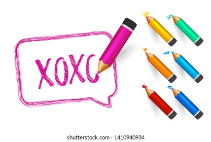 Crayons and paint speech bubble. Set of pencils, hand drawn banner with doodles and written short message. Sketch cloud and quote, lines stroke and scribble