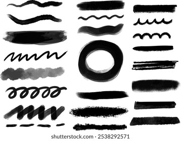 Crayons and paints brush pencil strokes sketch underlines. Crayon, pencil, doodle, chalk strokes. Vector hand drawn brush sketch element set for accent, texture enhancement paint. Scratch chalk vector