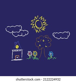 Crayons or pencils such as drawings of children's houses, grass, colorful flowers and the sun. Pastel chalk is like a child's hand painting, cute spring and summer meadows. Vector artistic stroke styl