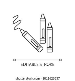 Icono lineal perfecto de píxeles de cuarzo. Lápices de cera para dibujar. Reconocimiento de color. Ilustración personalizable de línea delgada. Símbolo de contorno. Dibujo de contorno aislado del vector. Trazo editable