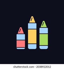 Crayons RGB color icon for dark theme. Art classroom. Use for drawing, coloring. Paraffin wax, color pigment. Isolated vector illustration on night mode background. Simple filled line drawing on black