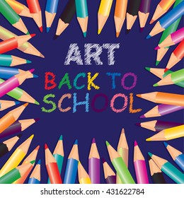 Crayons scattered on a dark background in the form of vector.