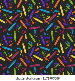 Crayons Seamless Pattern - Colorful crayons and paint splashes on black chalkboard background for back to school