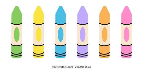 Crayons definir estilo minimalista multicolorido simples isolado no fundo branco. Lápis de ilustração vetorial para desenho. Elementos de ícone de crianças para arte, escola, escritório, pré-escola. De volta à escola.