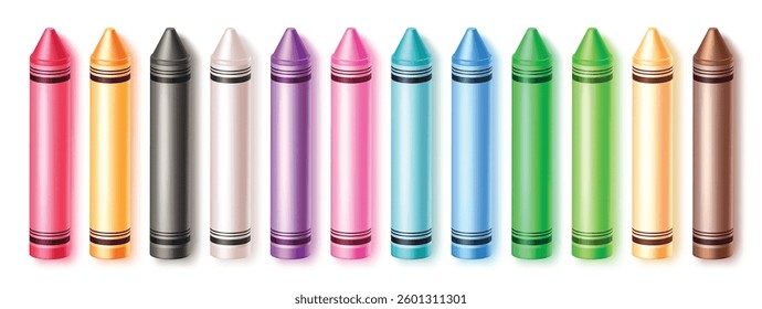 Crayons set vector design. Colorful wax pencils collection, isolated in white background. Vector illustration of coloring material.