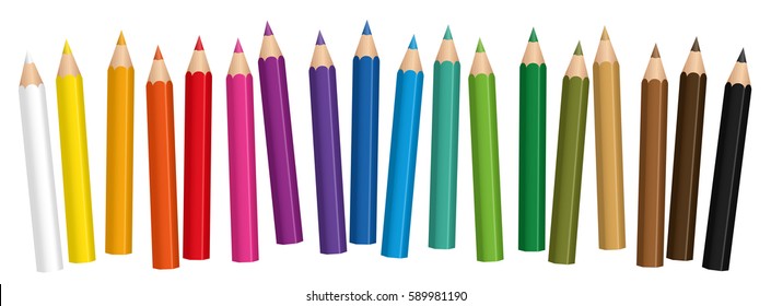 Crayons, small colored pencil collection loosely arranged, isolated vector on white background.