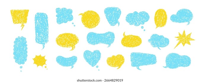 Crayons speech bubbles. Set of crayon comic frames in hand drawn style. Grunge texture. Childish Vector illustration isolated on white background.