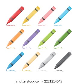 Crayons vector illustration on white background. Kindergarten children often use crayons drawing. Different color crayons are red, pink, blue, green, purple, orange..School supplies and painting tool.