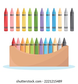 Crayons vector illustration on white background. Kindergarten children often use crayons drawing. Different color crayons are red, pink, blue, green, purple..in box. School supplies and painting tool.