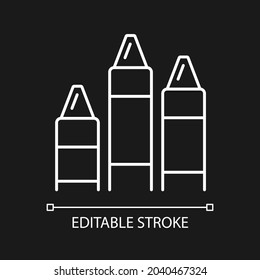 Crayons white linear icon for dark theme. Art classroom. Use for coloring. Wax, color pigment. Thin line customizable illustration. Isolated vector contour symbol for night mode. Editable stroke