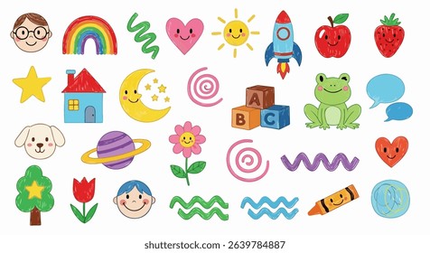 Crayon-Style Doodle Collection with Cute Characters, Nature, and Space Elements