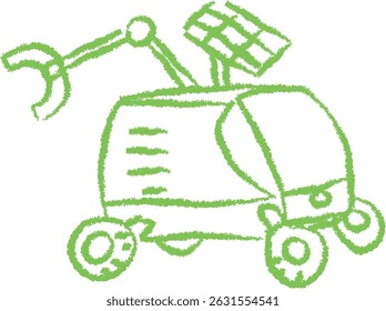 Un dibujo al estilo crayón de un vehículo espacial robótico con ruedas y un brazo articulado. El boceto muestra un rover con un panel solar y un apéndice mecánico. Ilustración vectorial de dibujos animados.