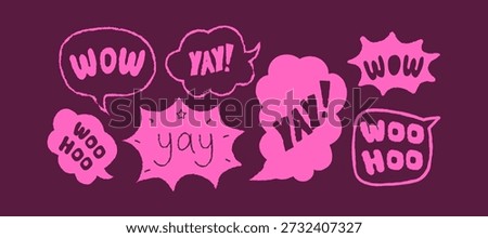 Crayon-style speech bubble with Yay, Wow, Woohoo. Ideal for kids projects, comics, greeting cards, educational materials, and fun social media posts. Funky cheerful exclamations on dark background.