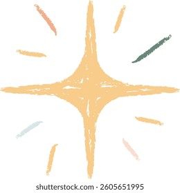 A crayon-style star with radiating lines and rough texture. Starburst with scribbled lines in a childlike drawing style. Cartoon vector illustration