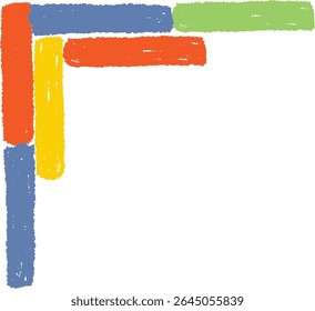 Los bloques con textura de crayón forman una forma de L en una disposición lúdica. Los rectángulos dibujados a mano crean un patrón geométrico vibrante. Ilustración vectorial de dibujos animados.