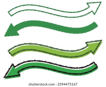 Crayon-touched curved arrows, set of green arrows