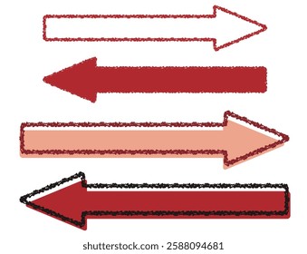 Crayon-touched round-trip arrows, set of red