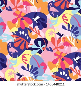 Crazy 90s colors tropical nature seamless pattern. Cool summer vacation repeatable motif for background, wrap, fabric, textile, wrap, surface, web and print design. Tile rapport vector illustration.
