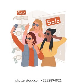 Crazy about sales isolated cartoon vector illustration. Teenage girls picking sunglasses with discount label and taking selfie, teens fooling and showing tongue in shopping mall vector cartoon.