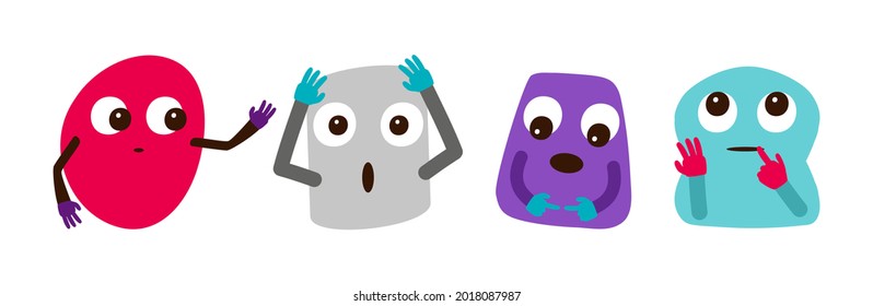 Crazy abstract characters. Emotional faces, cute cartoon shapes with eyes vector set